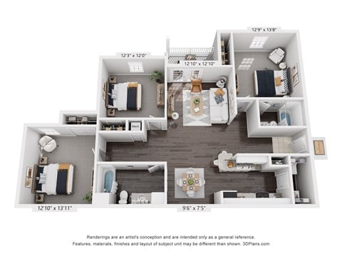 Floor plan for 3 beds, 2 baths, 1323 sqft